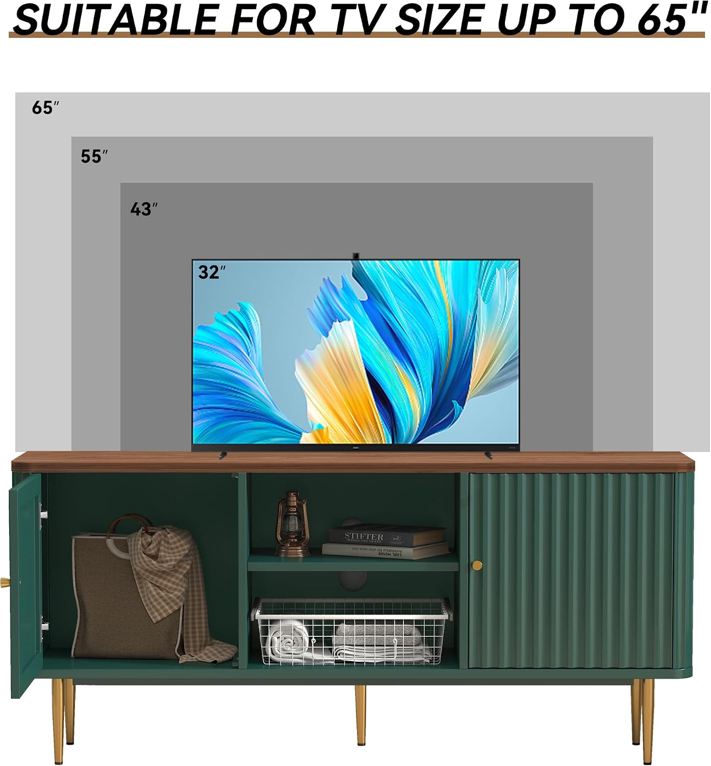 ARTPOWER 55' Fluted TV Stand, Mid Century Modern Green TV Stand for 55/60/65 inch TV, Entertainment Center with Storage, Television Stands, TV Console, Media Console for Living Room, Bedroom (Green)