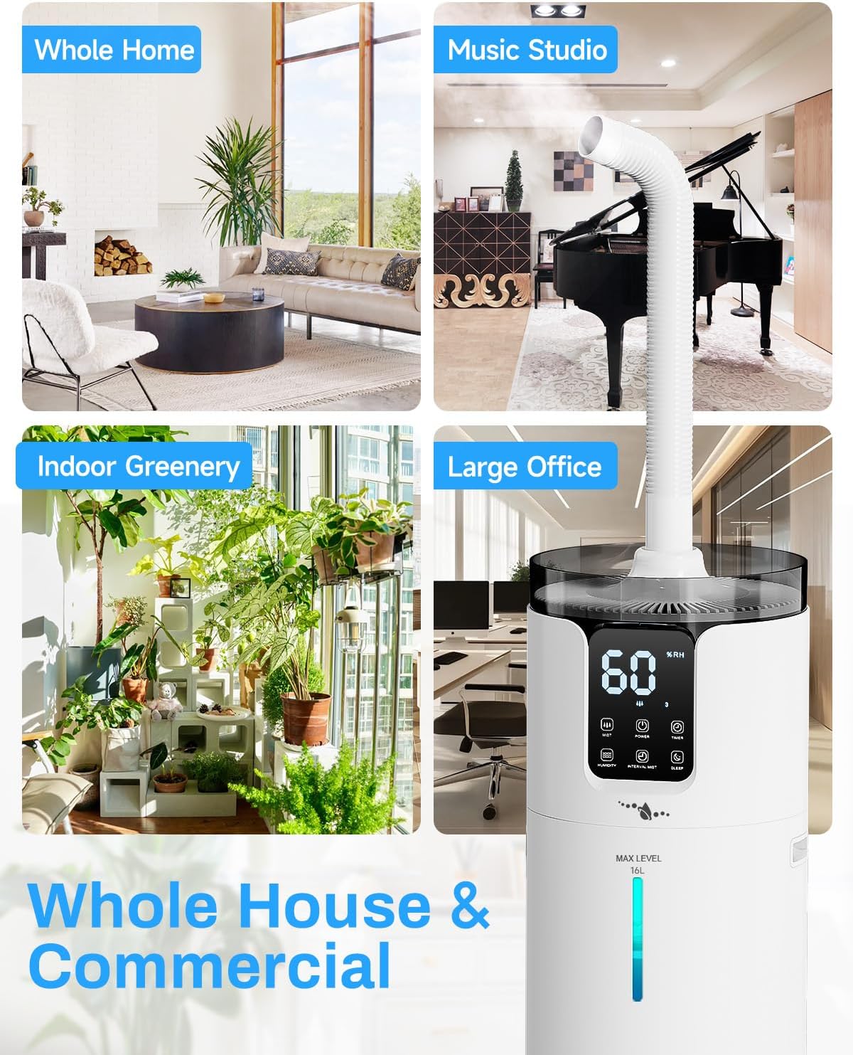 Lacidoll 16L Smart Humidifier large room, Whole house Humidifier for Home 1500 sq.ft with APP/Voice/Remote Control, Ultrasonic Cool Mist Humidifiers for Bedroom, Plants, office with Tube, White