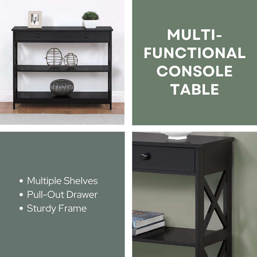 Convenience Concepts Oxford 1-Drawer Console Table 39.5' - Farmhouse Sofa Display with Storage Shelf For Living, Family, & Dining Room, Modern Entryway Hall Table for Kitchen, Bedroom, Black