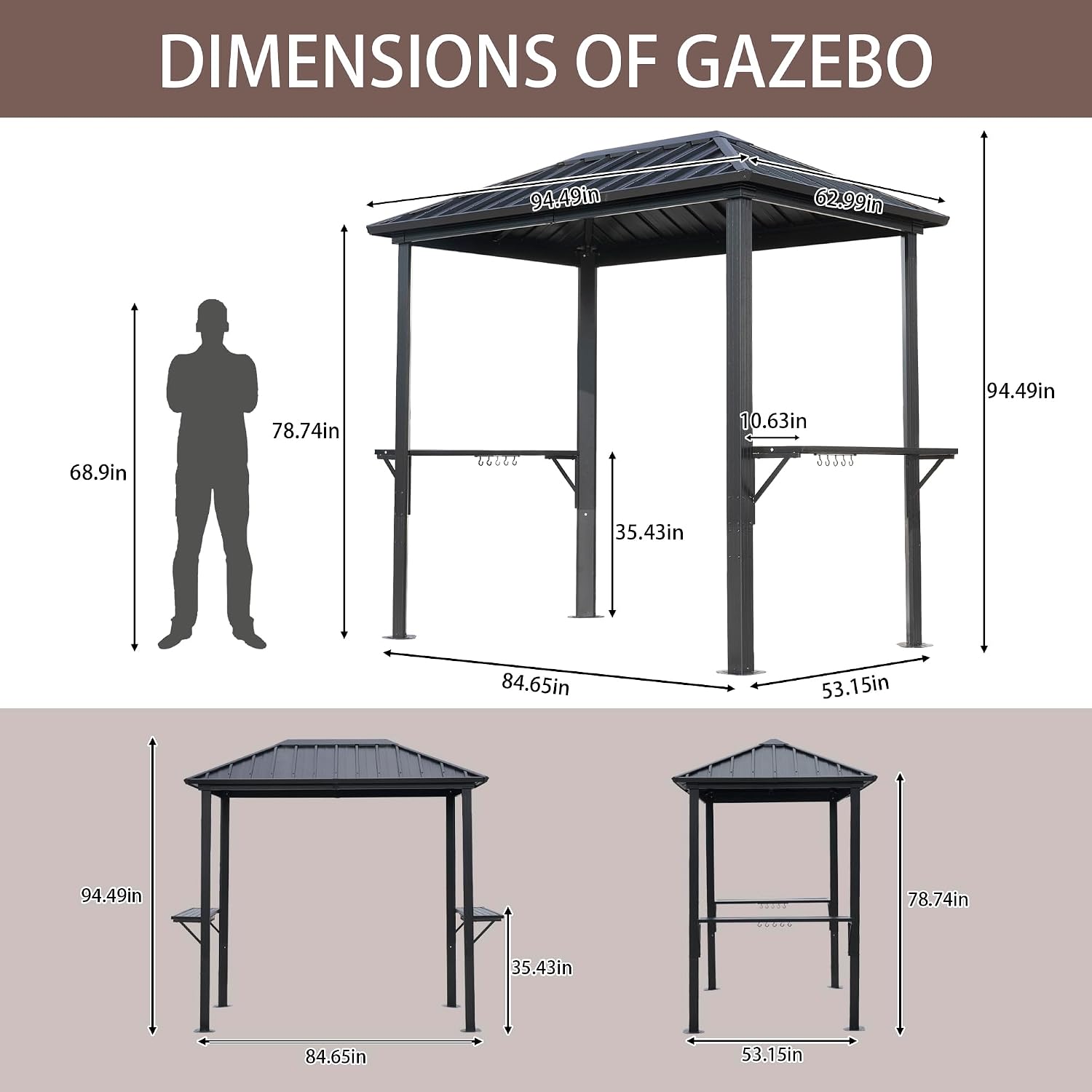 5x8ft Hardtop Grill Gazebo, Outdoor Gazebo for Grill with Sturdy Aluminum Frame & Shelves, Permanent Galvanized Steel Pavilion for Patio, Backyard, Lawn, Garden
