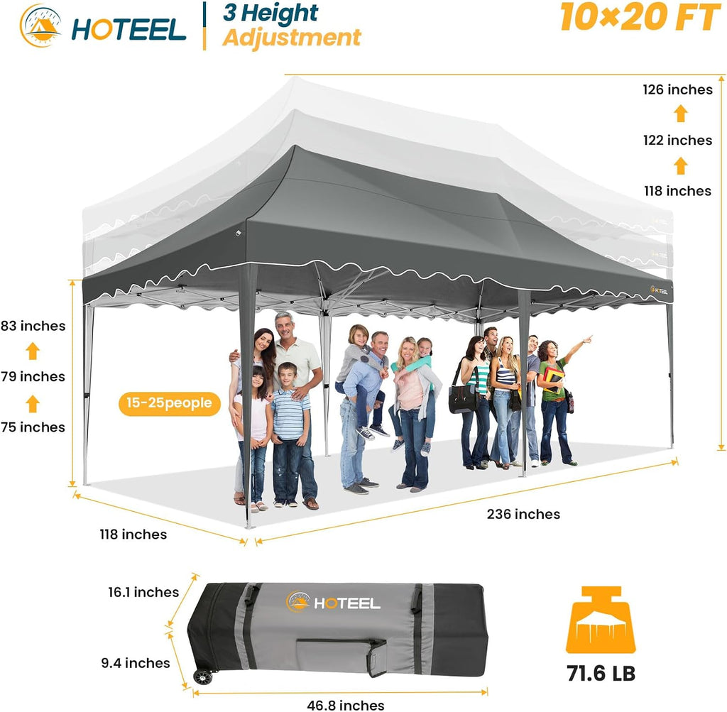 HOTEEL 10×20 Pop Up Canopy Tent UV 50+ and Waterproof, Thickened Frame, Large Space Easy Outdoor Pop Up Canopy for Wedding, Beaches, Parties, Patio (Grey)