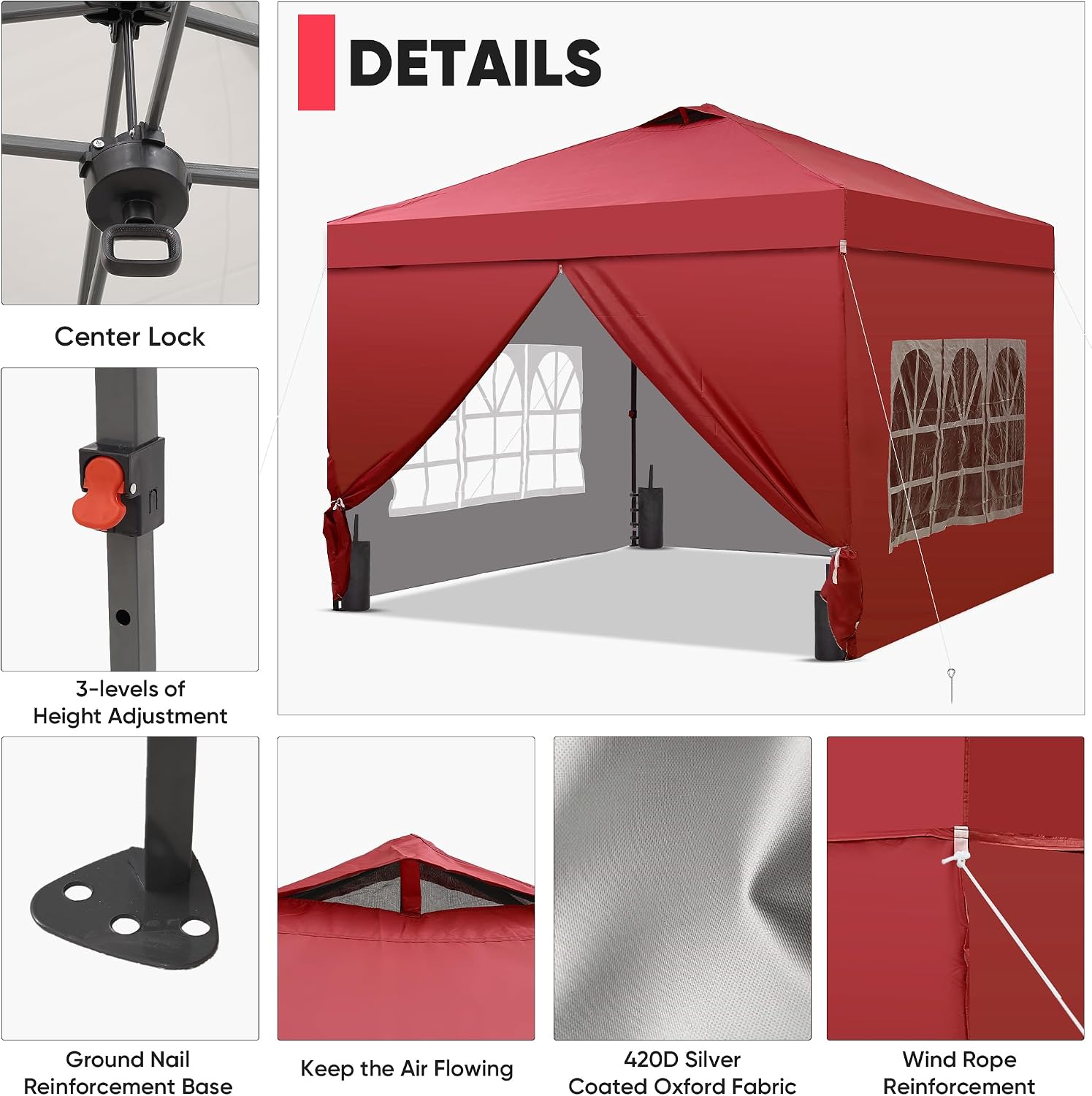 GDY 10x10 Pop Up Canopy Tent with 4 Sidewalls, Easy Set up with One Push Lift Outdoor Silver Coated Beach Gazebos, Carpas with 4 Sandbags, for Pool, Events, Parties, and Camping, Red.