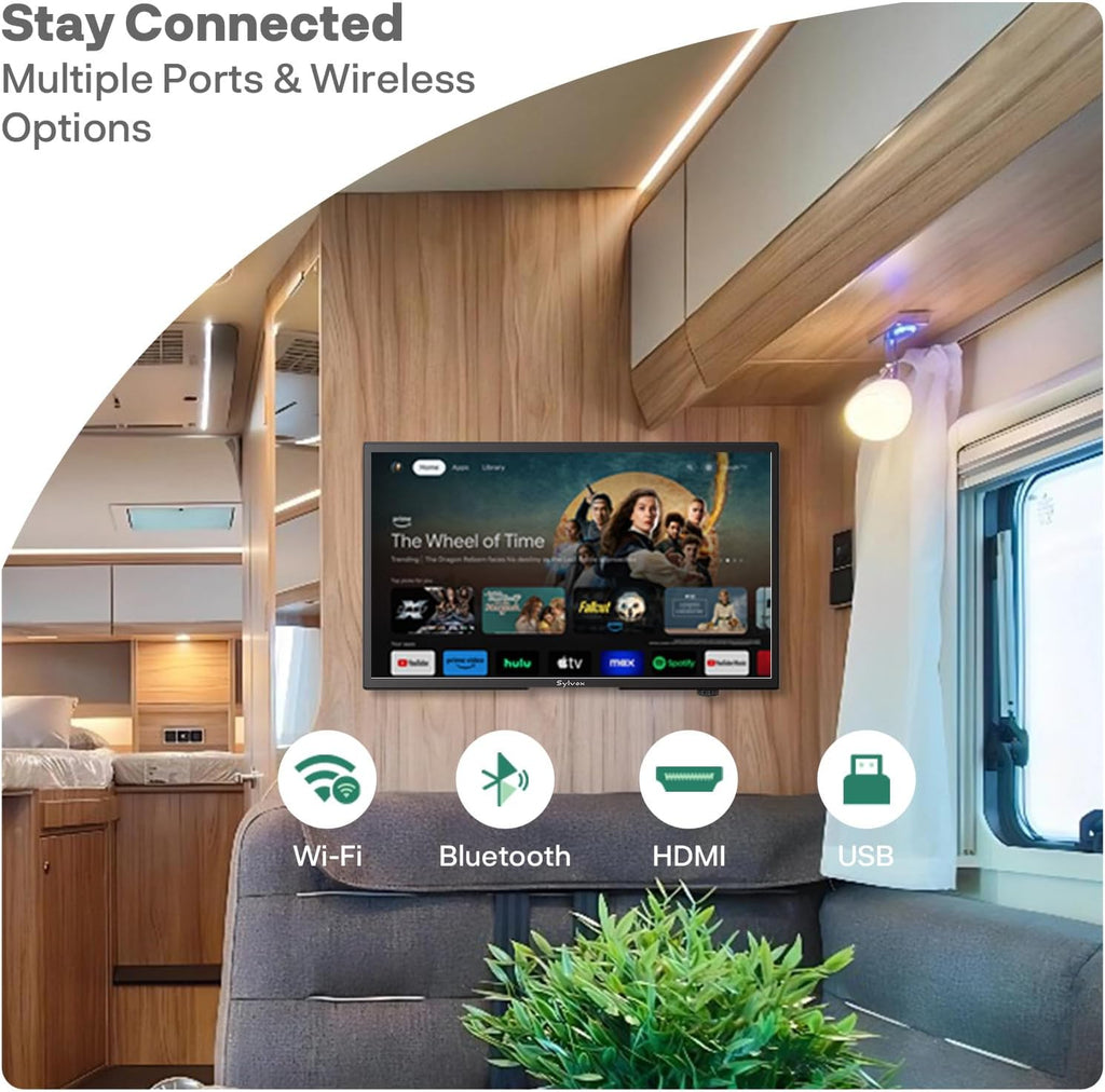 SYLVOX 19-Inch RV TV, 12 Volt Smart TV with Google OS, 178° Wide Viewing, HDMI/USB Ports, AC/DC Power, Voltage Protection for Camper, Motorhome and RV Use