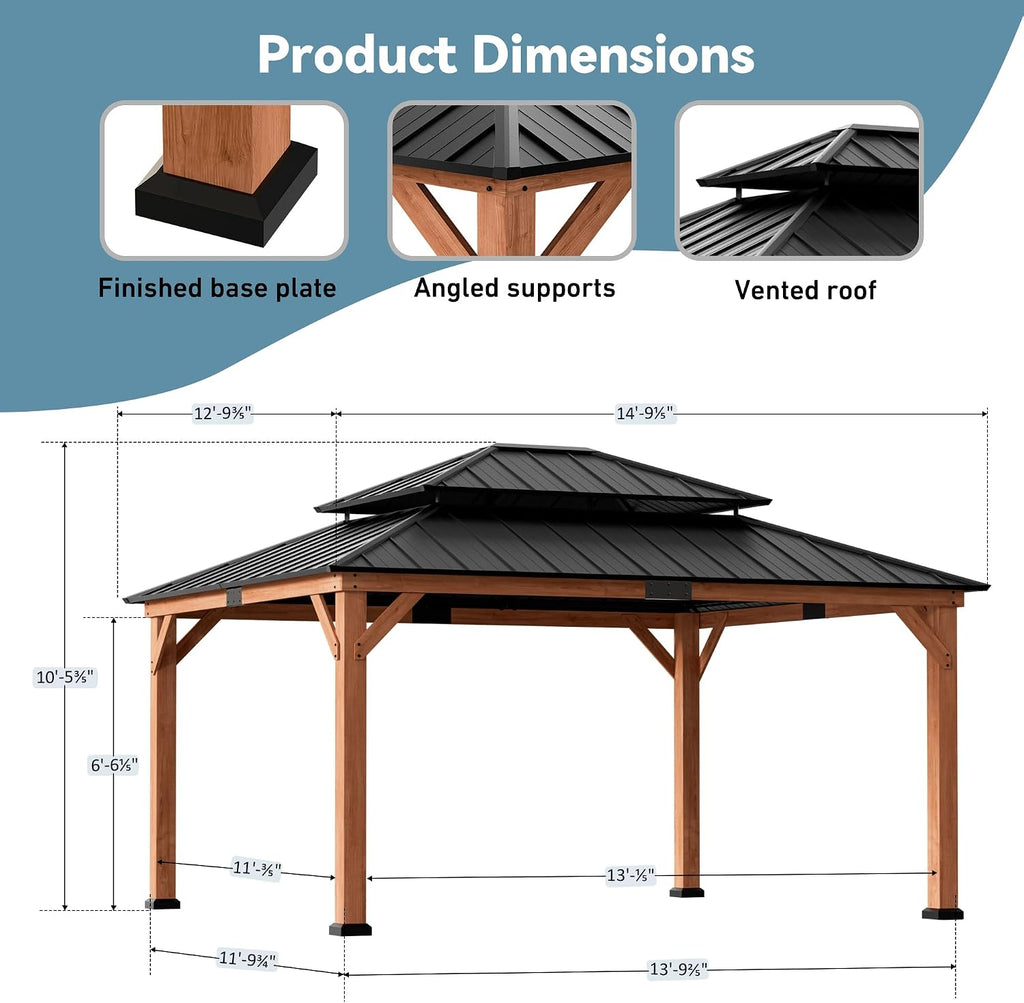 Big Leaf Wood Gazebo 13'x15', Cedar Frame Hardtop Gazebo with Double Galvanized Steel Roof & Grill Shelter, Mosquito Netting and Curtains, Sturdy Hook Design for Outdoor Patio, Deck, Garden