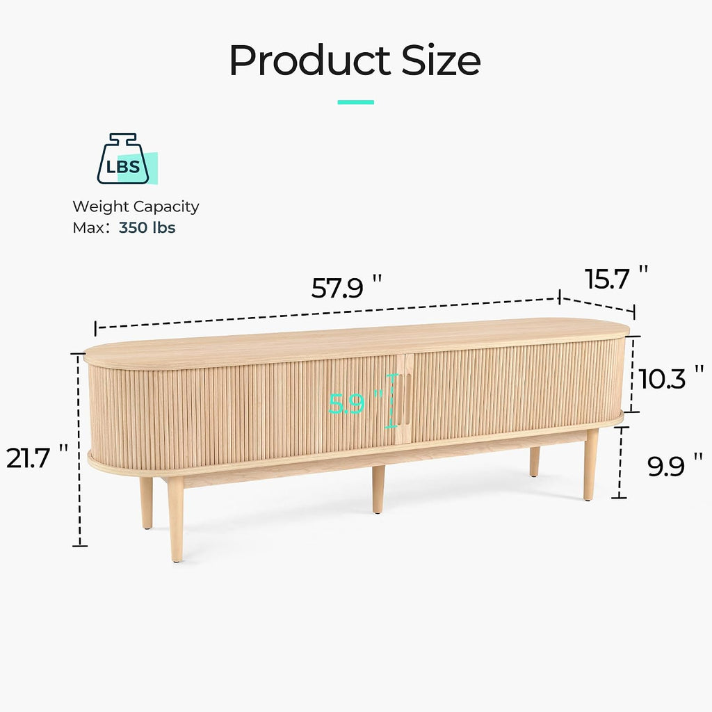 LINSY Home TV Stand for 65' TV, Mid-Century Modern 58' Entertainment Center with Sliding Tambour Door and Storage Cabinet, Cruved TV Media Console Table for Living Room, Bedroom, Oak