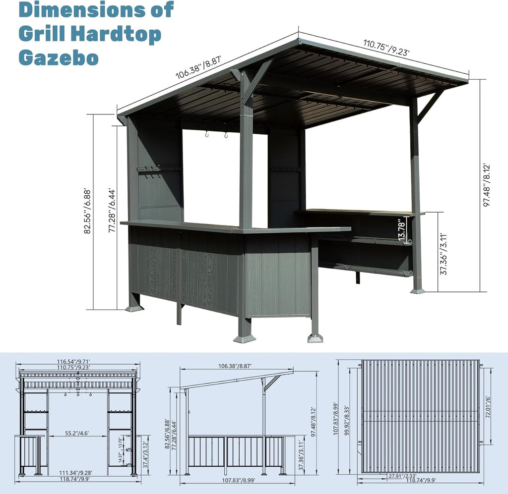 Domi 9x10FT Grill Gazebo Hardtop, BBQ Gazebo for Outdoor Grill with Storage Shelves and Expansion Platform, Metal Permanent Lean-to Canopy for Patio Backyard Lawn, Grey