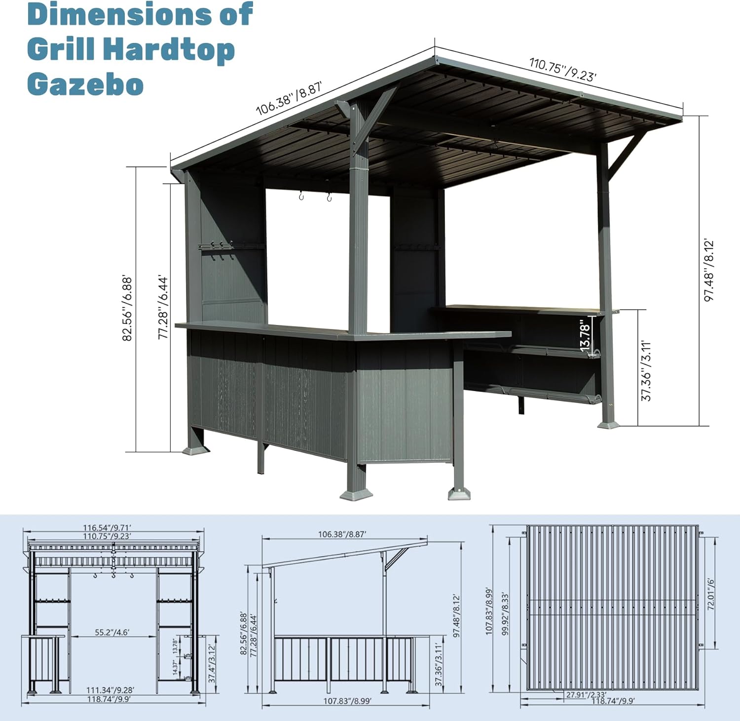 Domi 9x10FT Grill Gazebo Hardtop, BBQ Gazebo for Outdoor Grill with Storage Shelves and Expansion Platform, Metal Permanent Lean-to Canopy for Patio Backyard Lawn, Grey