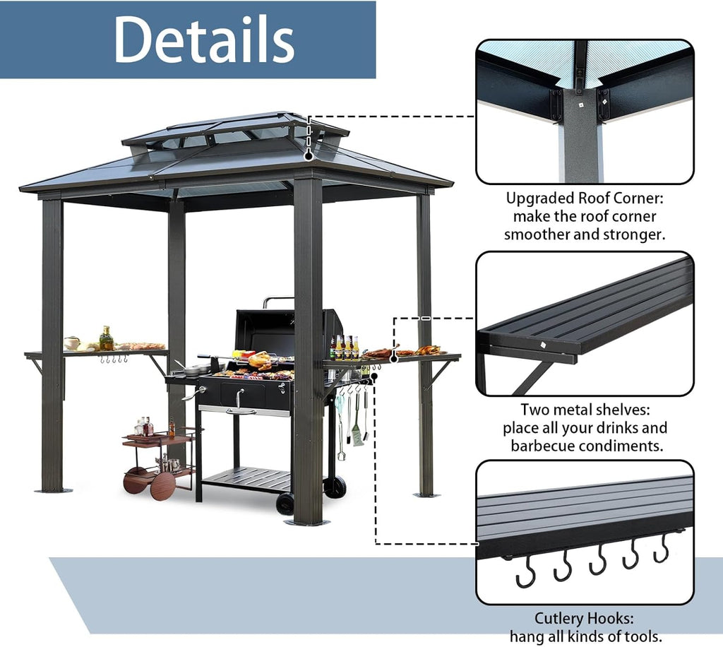 8x5 Hardtop Grill Gazebo, Vented Double Roof Polycarbonate BBQ Canopy for Outdoor Patio, Anti-UV Waterproof Shelter with Side Shelves & Hooks, Heavy Duty Steel Frame (8x5)