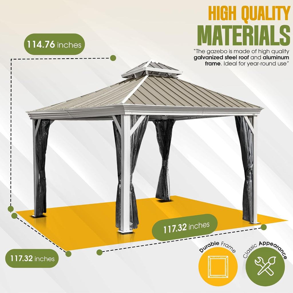 Hardtop Gazebo with Galvanized Steel Double Roof, Rustproof Aluminum Frame, Privacy Netting, and All-Weather Outdoor Shelter, Beige (10x10)