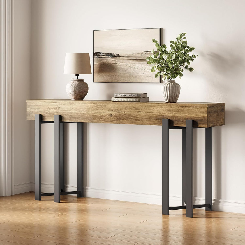 LITTLE TREE 63-Inch Console Table for Entryway, Industrial Behind Couch Table, Minimalist Sofa Table for Living Room, Rustic Brown Wooden Hallway Foyer Table with Black Metal Frame