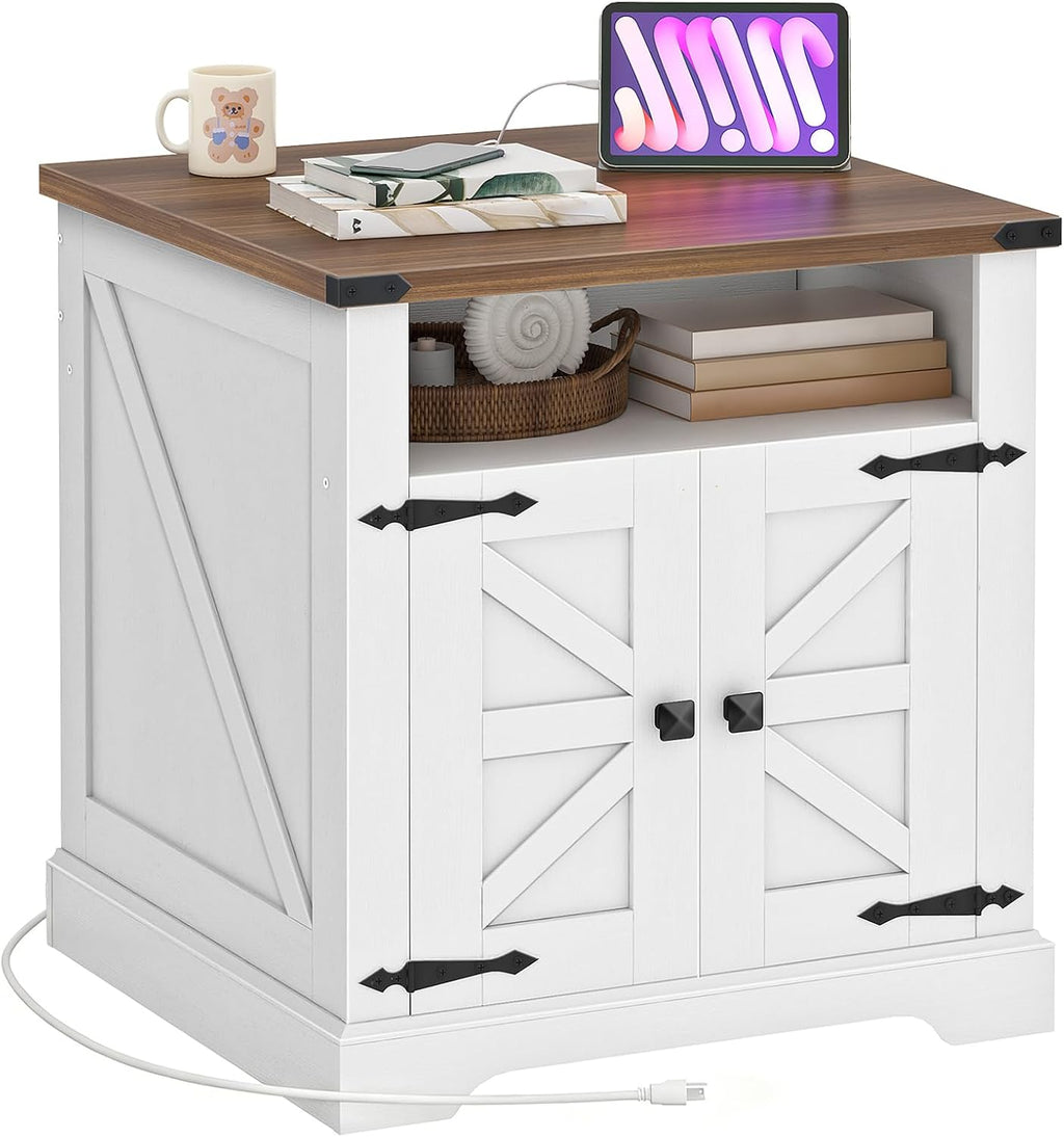 HOOBRO Farmhouse End Table with Charging Station, 23.6' Large End Tables for Living Room, Sofa Side Table with Barn Door, Wooden Square Nightstand Bedside Table, Flip Top, White and Walnut WH601UBZ01