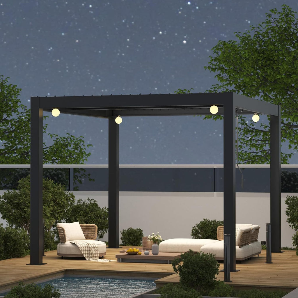 LVUYOYO Outdoor Louvered Pergola 10' x 10', Patio Aluminum Pergola with Adjustable Roof, Metal Gazebo for Backyard, Garden, Deck(Black)