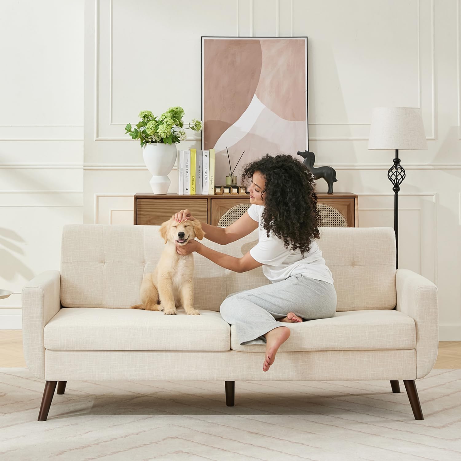 Tbfit 77' W Loveseat Sofa, Mid Century Modern Love Seat Couches for Living Room, Button Tufted Upholstered Small Sofa Couch for Bedroom, Beige