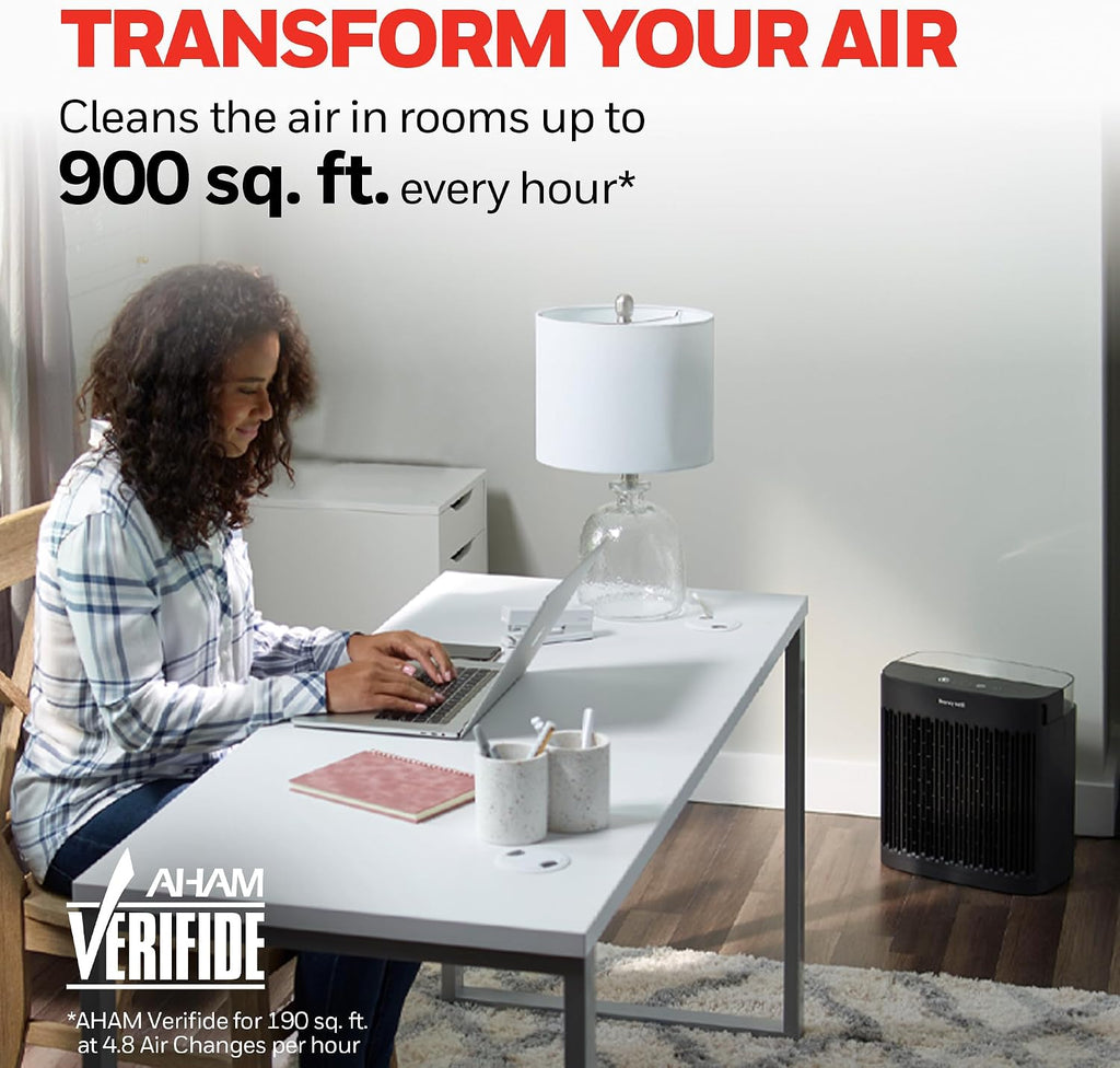 Honeywell Allergen Plus HEPA Air Purifier for Home, Large Rooms up to 900 Ft², Turbo Clean, HEPA Filter Reduces Allergens, Dust, Pollen, Pet Dander, All Smoke Types, Odors, Black, HPA5100B