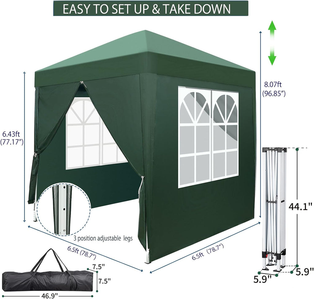 6.5x6.5 Pop Up Canopy with Sidewalls,3 Height Adjustable Gazebo Tent with Carrying Bag, 8 Stakes & 4 Ropes, Easy Up Canopy for Events,Party, Wedding (6.5x6.5FT Green with 4Sidewalls)