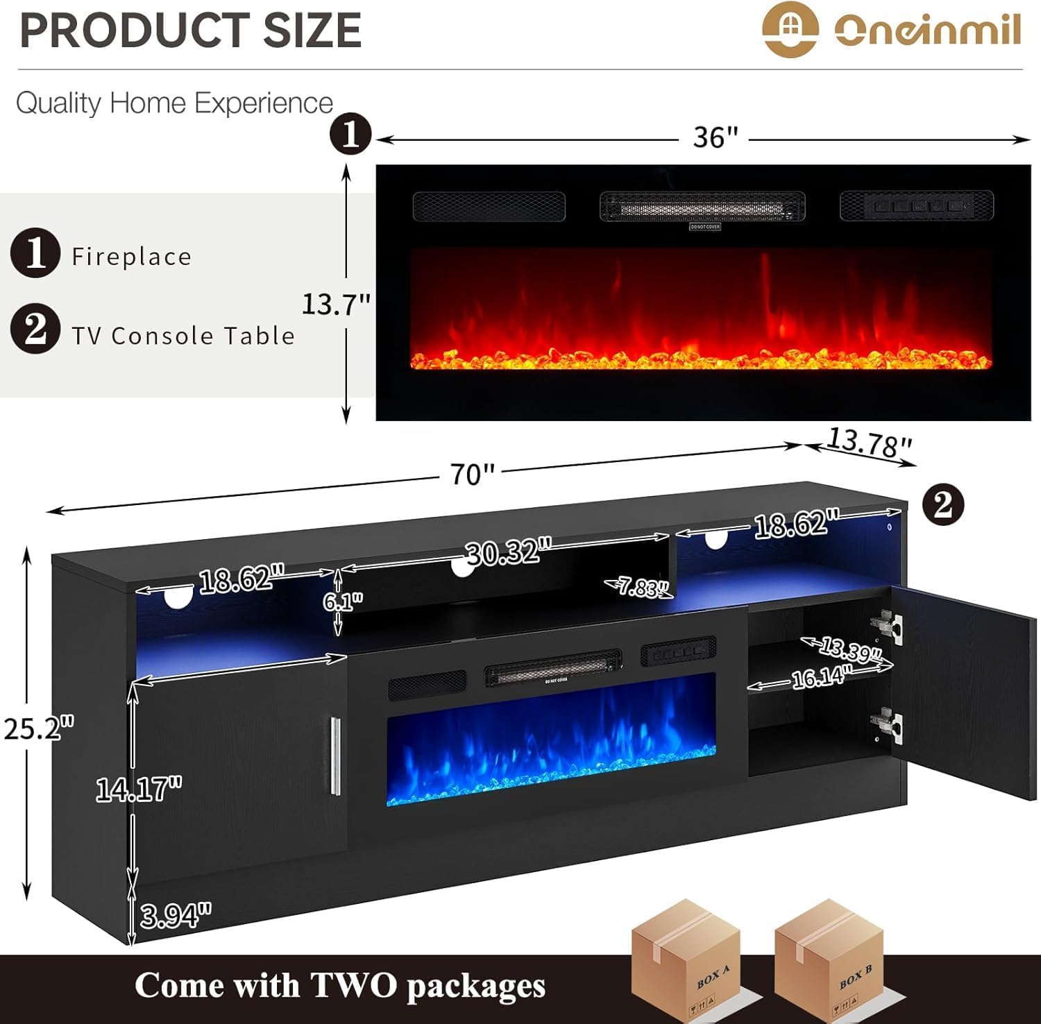 oneinmil 70' Fireplace TV Stand with Power Outlet for TVs Up to 80', Electric Fireplace Entertainment Center with LED Lights & Storage Cabinets, Media Console Table for Living Room, Black
