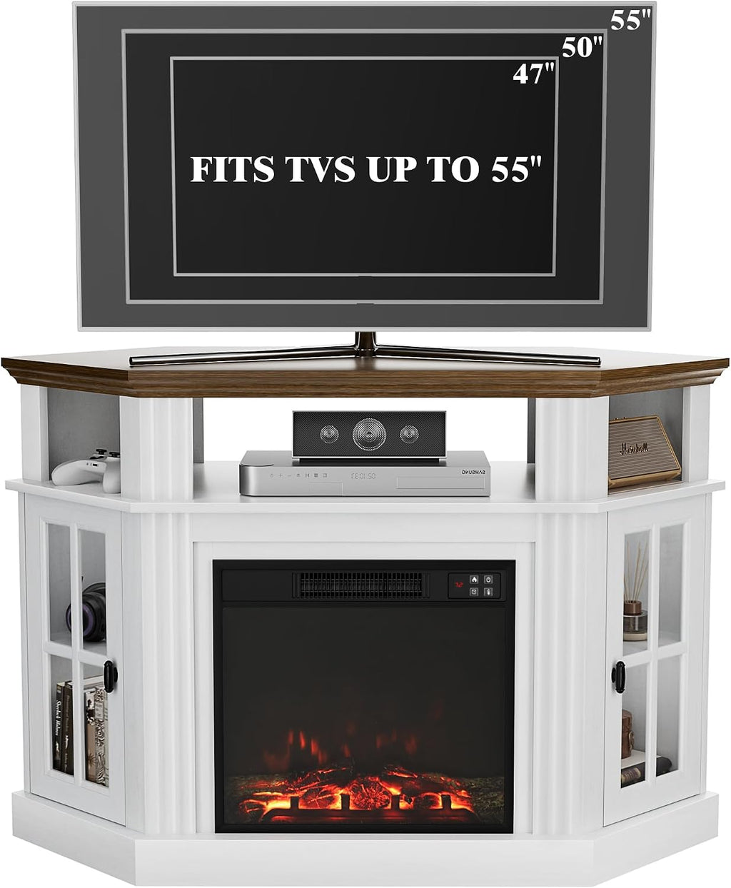 Furmax Fireplace Corner TV Stand for Up to 55 Inch, Modern Console with 18 Inch Electric Fireplace, Entertainment Center with Open Shelf and Storage Cabinets for Living Room (Antique White)