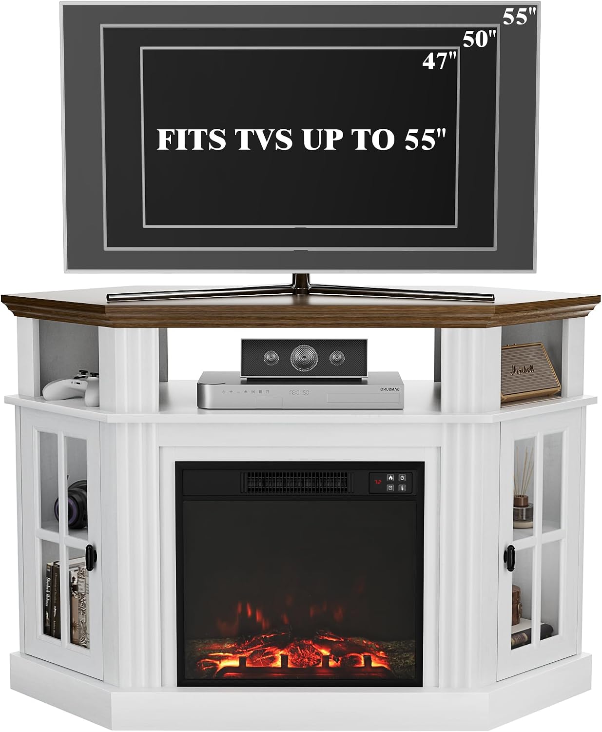 Furmax Fireplace Corner TV Stand for Up to 55 Inch, Modern Console with 18 Inch Electric Fireplace, Entertainment Center with Open Shelf and Storage Cabinets for Living Room (Antique White)