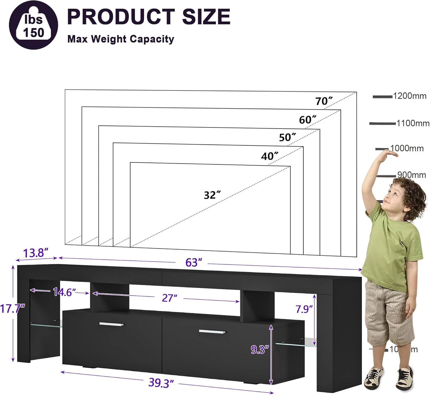 Clikuutory Modern Lighting 63 inch TV Stand with Large Storage Drawer for 50 55 60 65 70 75 Inch TVs, TV Console with 20 Color LED Lights, Entertainment Center Media and Open Shelf for Bedroom, Black