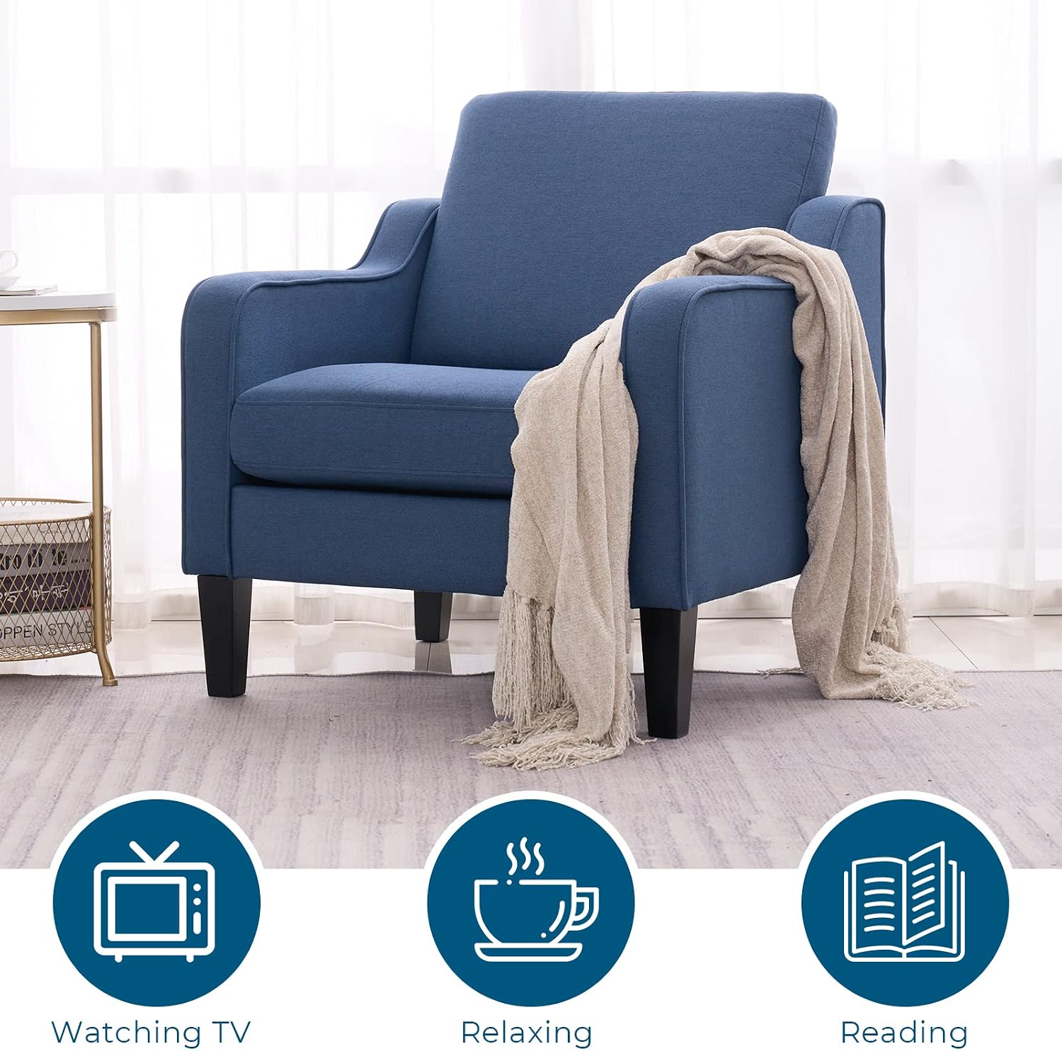 VINGLI Modern Accent Chairs Set of 2, Blue Living Room Chairs Comfy Armchair for Bedroom, Upholstered Sofa Chair Reading Chair for Small Spaces, Apartment, Waiting Room