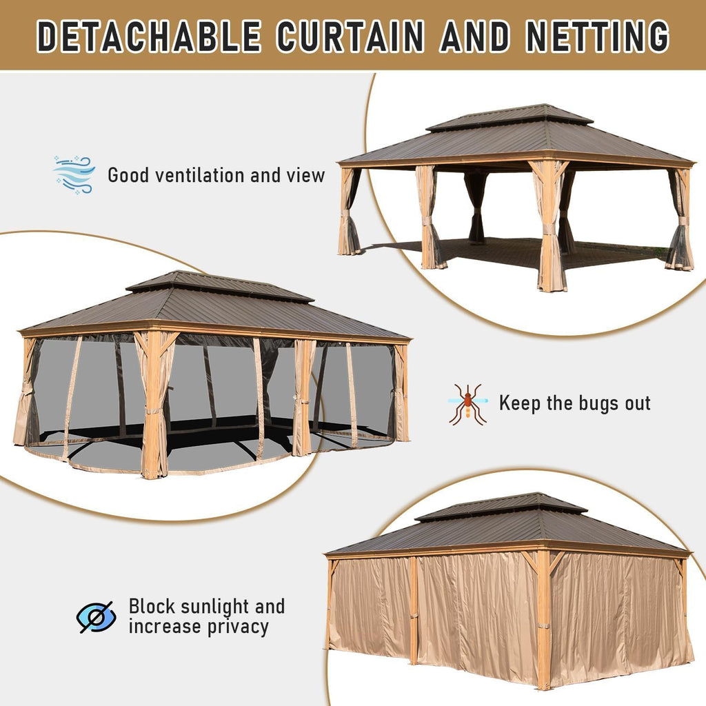 14x24FT Hardtop Gazebo, Outdoor Gazebo with Galvanized Steel Double Roof, Aluminum e, Built in Gutter System, Curtain and Netting, Metal Gazebo Pavilion for Patio Deck Garden, Wood Looking