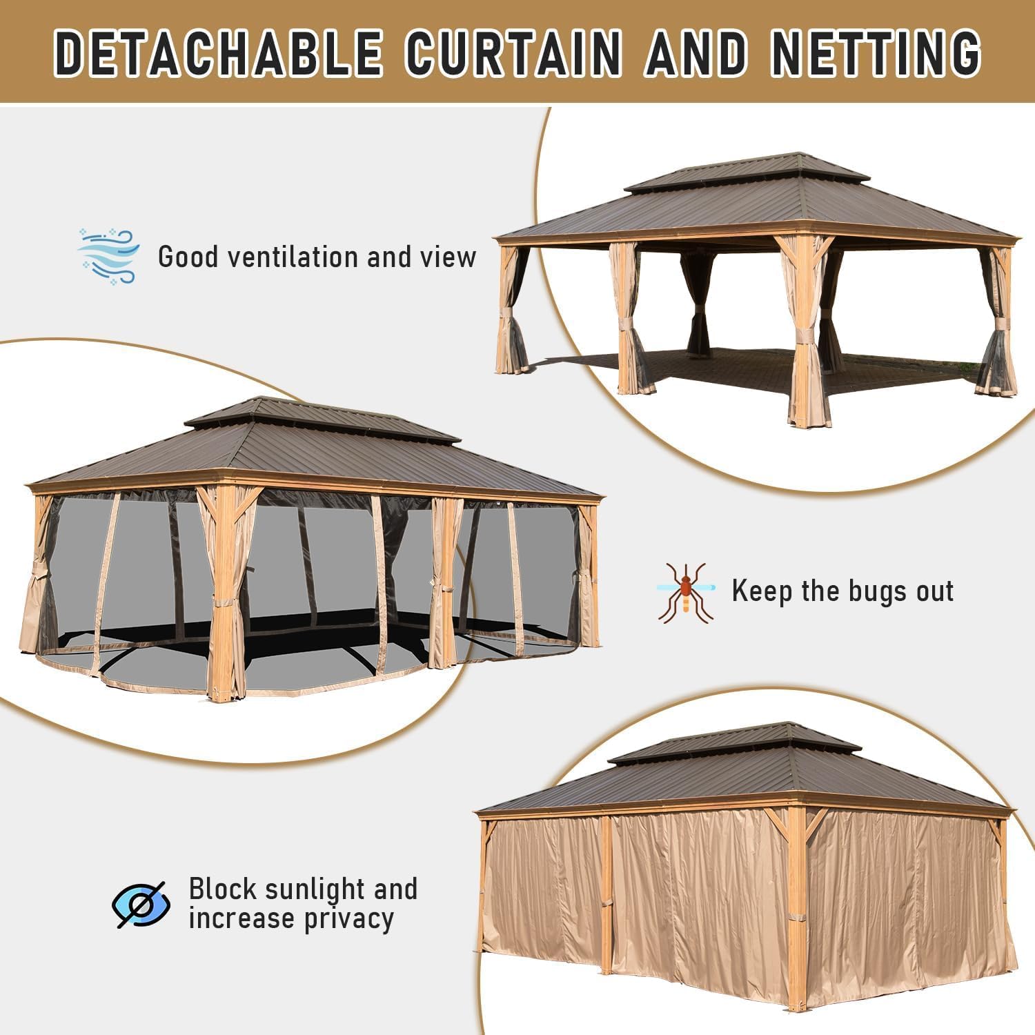 14x24FT Hardtop Gazebo, Outdoor Gazebo with Galvanized Steel Double Roof, Aluminum e, Built in Gutter System, Curtain and Netting, Metal Gazebo Pavilion for Patio Deck Garden, Wood Looking