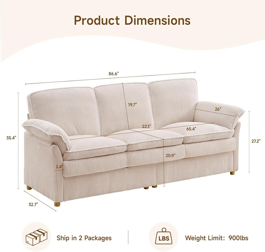 ONBRILL 86.6' Corduroy Couches for Living Room, Comfy 3 Seater Sofa with Pillow-Top Armrest & Dual-Layer Cushions, Mid Century Modern Couch for Bedroom, Apartment, Beige
