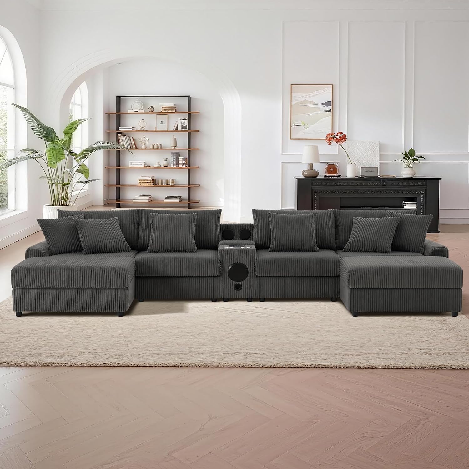 MAKIAAP 144' Corduroy Sectional Couch with Speakers, Comfy U Shaped Modular Couches Deep Seat Sofa with Console, USB Charger, Cup Holders, Storage, Ottoman for Living Room (Gray, 144in)