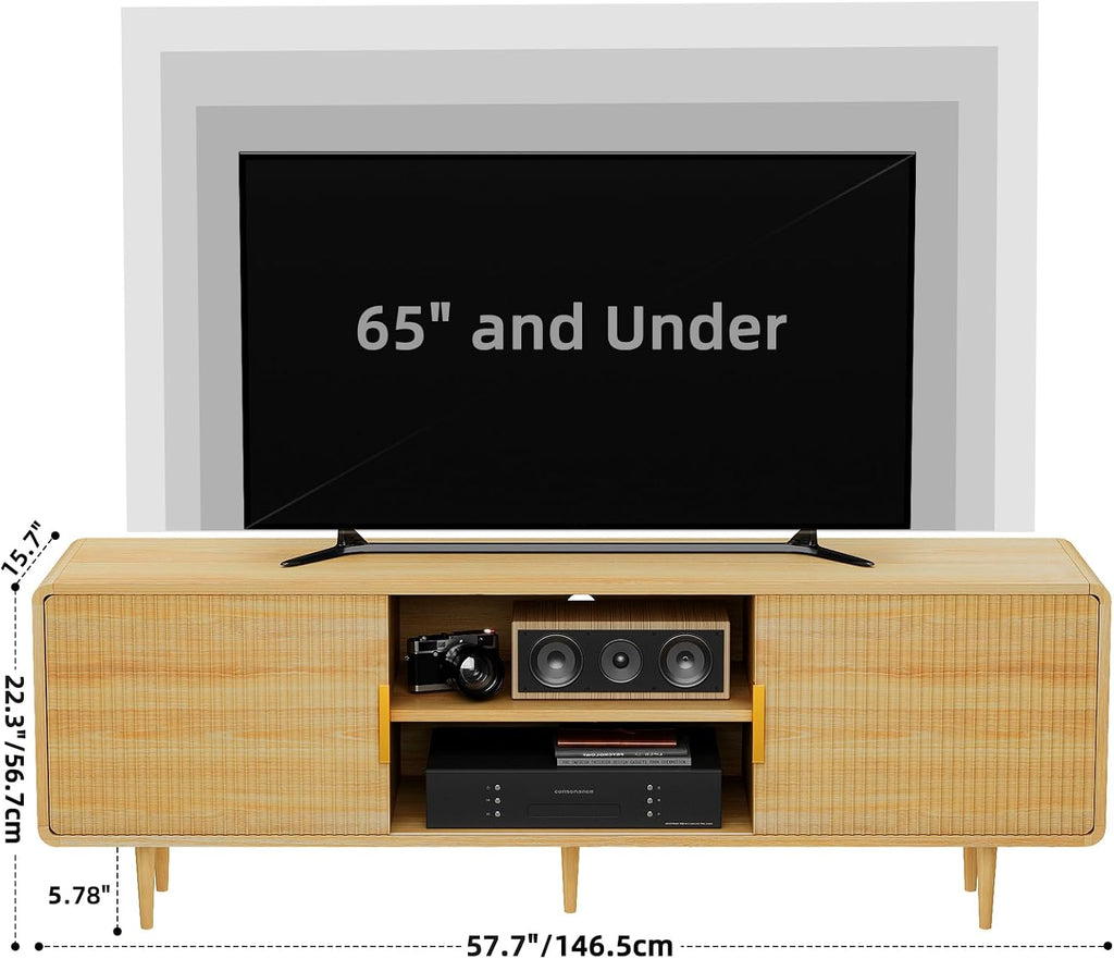 TV Stand for 65 Inch TV, Fluted TV Stand with Curved Profile Design, Wood Entertainment Center TV Console Table with Sliding Doors & Adjustable Shelves, TV Stand for Living Room Bedroom, Natural