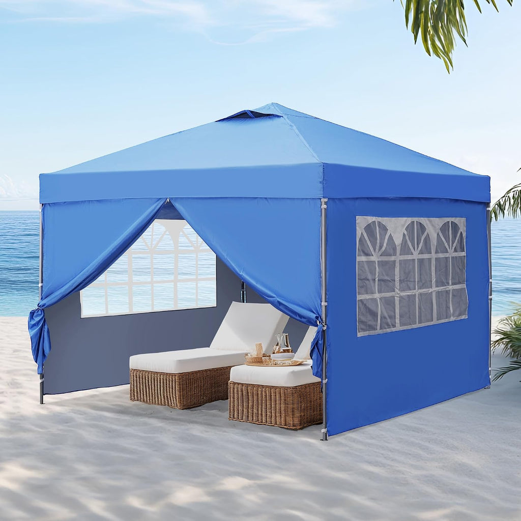 GDY 10x10ft Pop Up Canopy Tent with Sidewalls, Beach Tent, Easy Set up Gazebo for Events, Parties, Camping, Blue.
