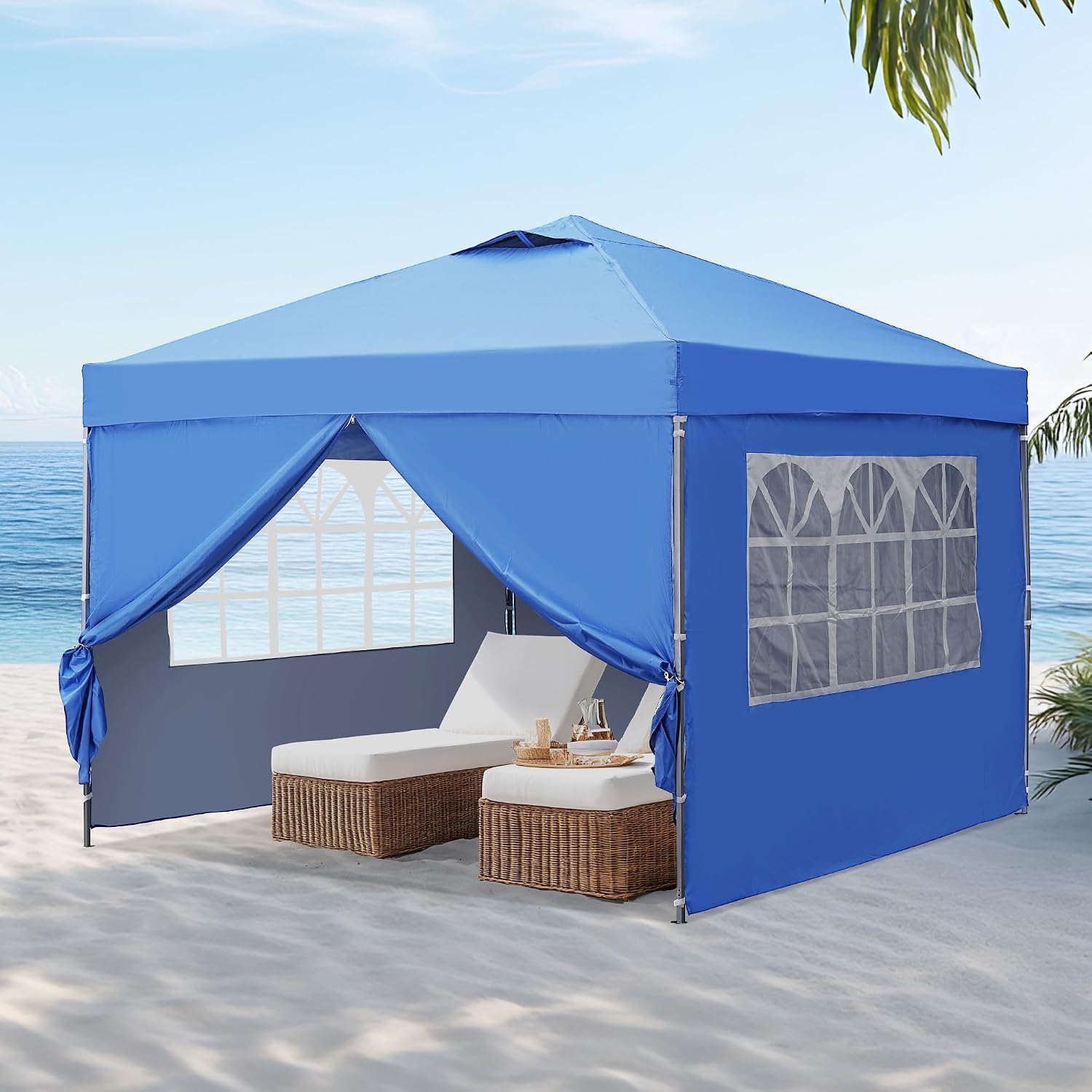 GDY 10x10ft Pop Up Canopy Tent with Sidewalls, Beach Tent, Easy Set up Gazebo for Events, Parties, Camping, Blue.
