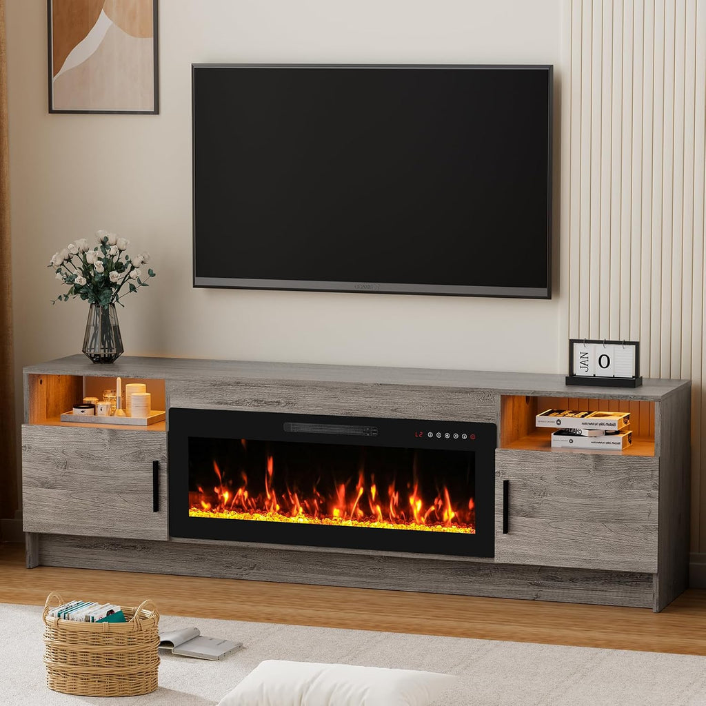Kucreiheat Fireplace TV Stand for 65-80 inch TV, Large Entertainment Center with Fireplace & LED Lights,High Gloss Living Room Storage Cabinet, Grey, 70''(Crystal)