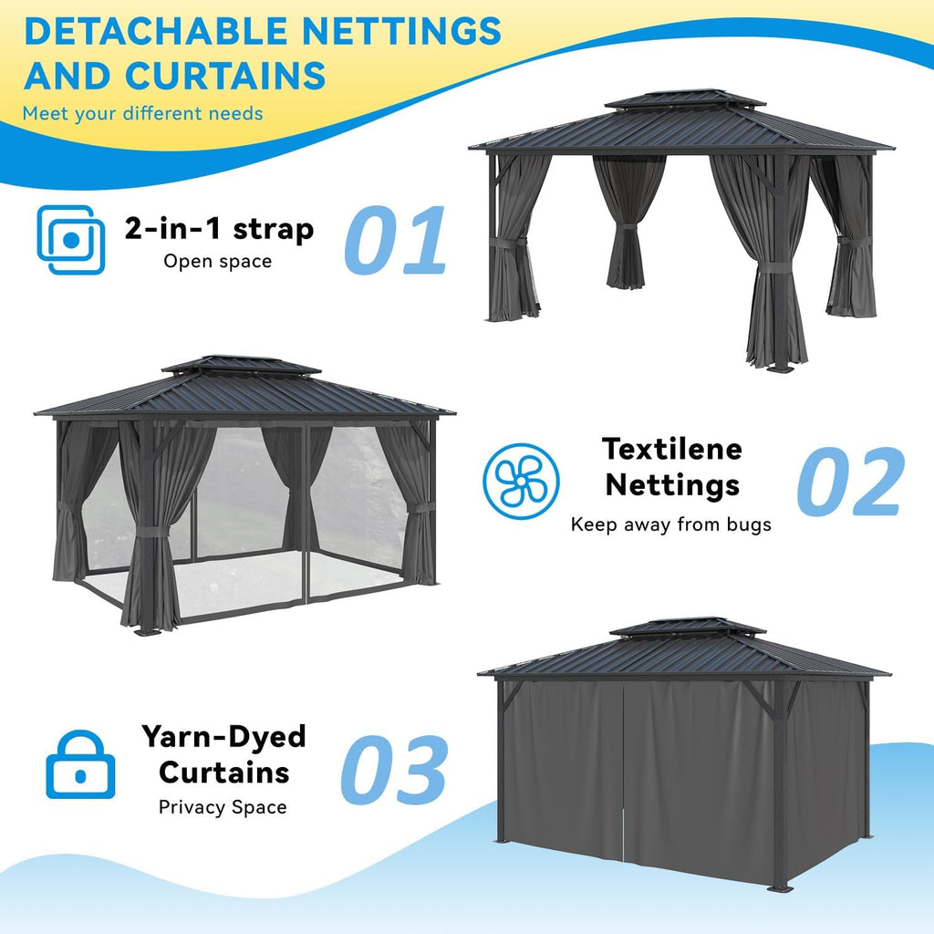 10' x 12' Hardtop Gazebo, Aluminum Frame with Double Galvanized Steel Roof, Outdoor Metal Pavilion with Mosquito Netting and Curtains for Patio, Backyard, and Deck