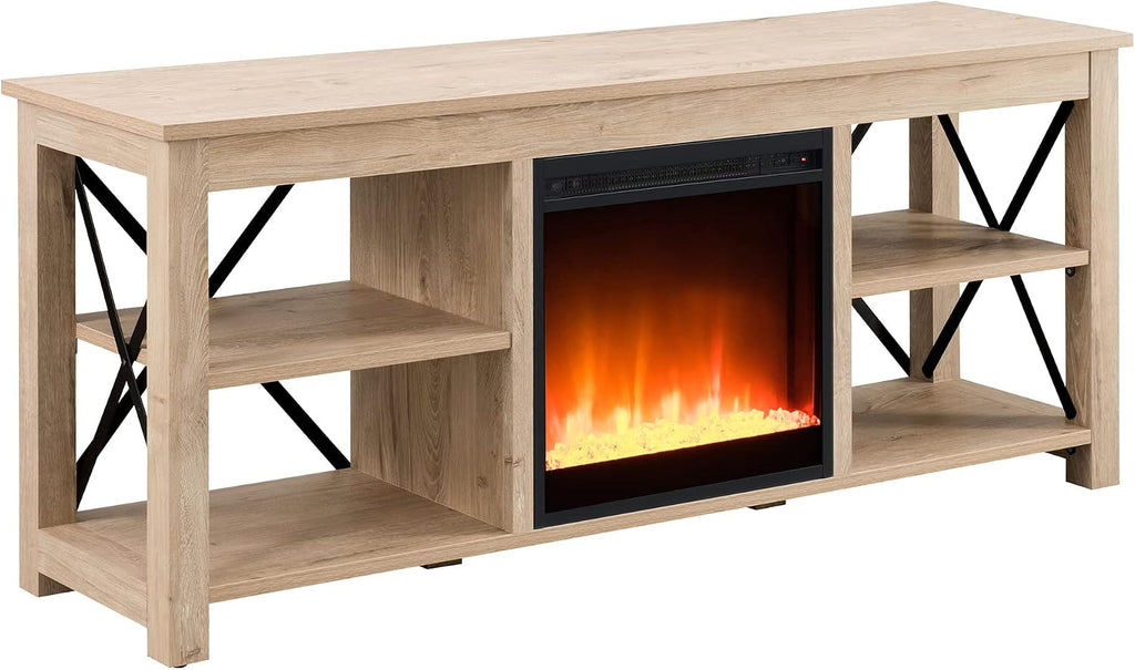 Henn&Hart Rectangular TV Stand with Crystal Fireplace for TV's up to 65' in White Oak, Electric Fireplace TV Stands for the Living Room