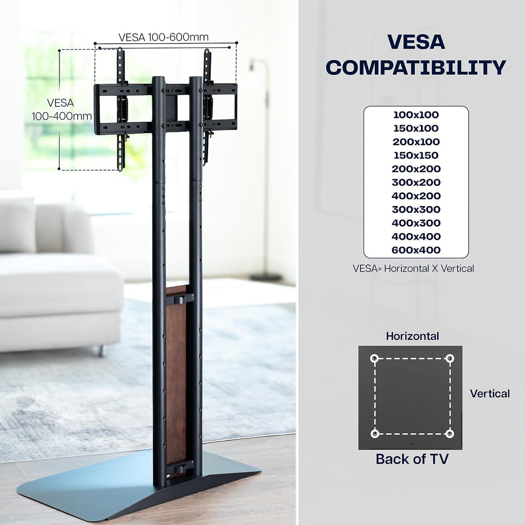 VIVO Dual-Column TV Floor Stand for 32' to 85' Screens with Heavy Duty Base, Tilting Mount with 5 Set Height Adjustments, Black and Dark Walnut, STAND-TV85JS