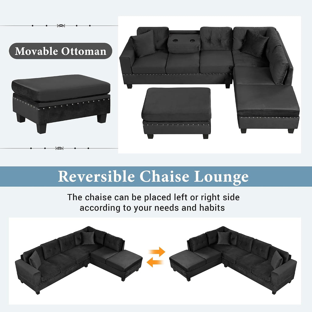 Merax Modern Sectional Sofa with Storage Ottoman, L Shaped Couch with 2 Pillows and 2 Cup Holders, Polyester Sectional Sofa with Reversible Chaise for Living Room, Home Office (Black)