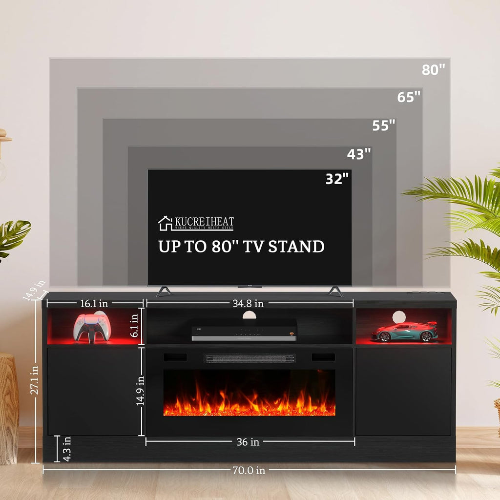 Kucreiheat Fireplace TV Stand for 65-80 inch TV, Large Entertainment Center with Fireplace,Power Outlet & LED Lights,High Gloss Living Room Storage Cabinet, 70''(High)
