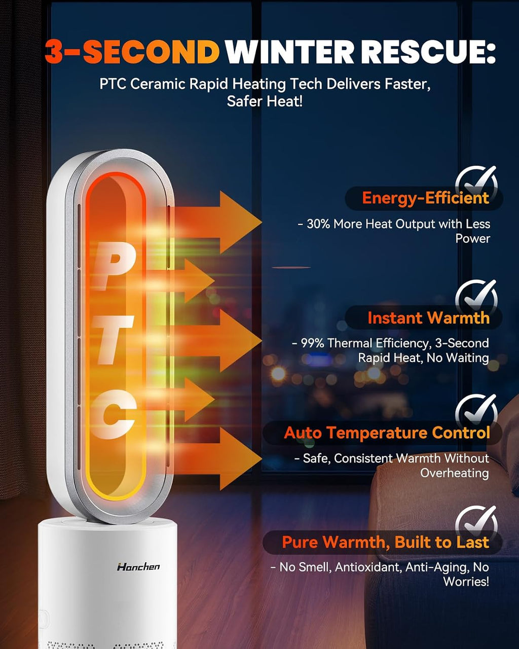 Hanchen Dual-Tech Bladeless Tower HEPA Fan, Ultra-Quiet 3-in-1 Cooling, Heating & Air Purifier | UL Listed PTC Ceramic Fast Heat, Auto Shutoff, Sturdy Base for Home, Office & Bedroom