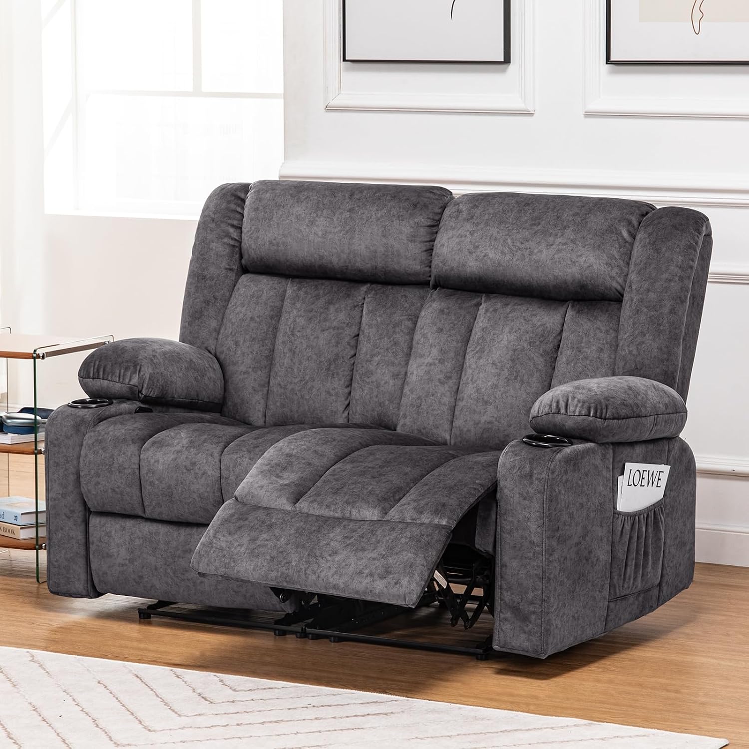 COMHOMA Manual Recliner Couch，Fabric Reclining Sofa Chair with Cup Holders, Upholstered ReclinerChair Set with Side Pockets Suitable for Living Room Furniture (2)