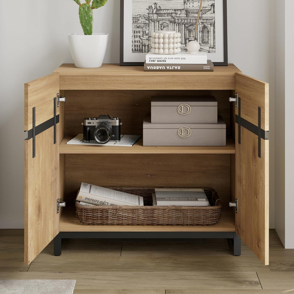 WAMPAT Modern TV Stand for TVs Up to 40 Inch, Entertainment Center Media Console with Adjustable Shelves & Metal Base for Living Room or Bedroom, Oak