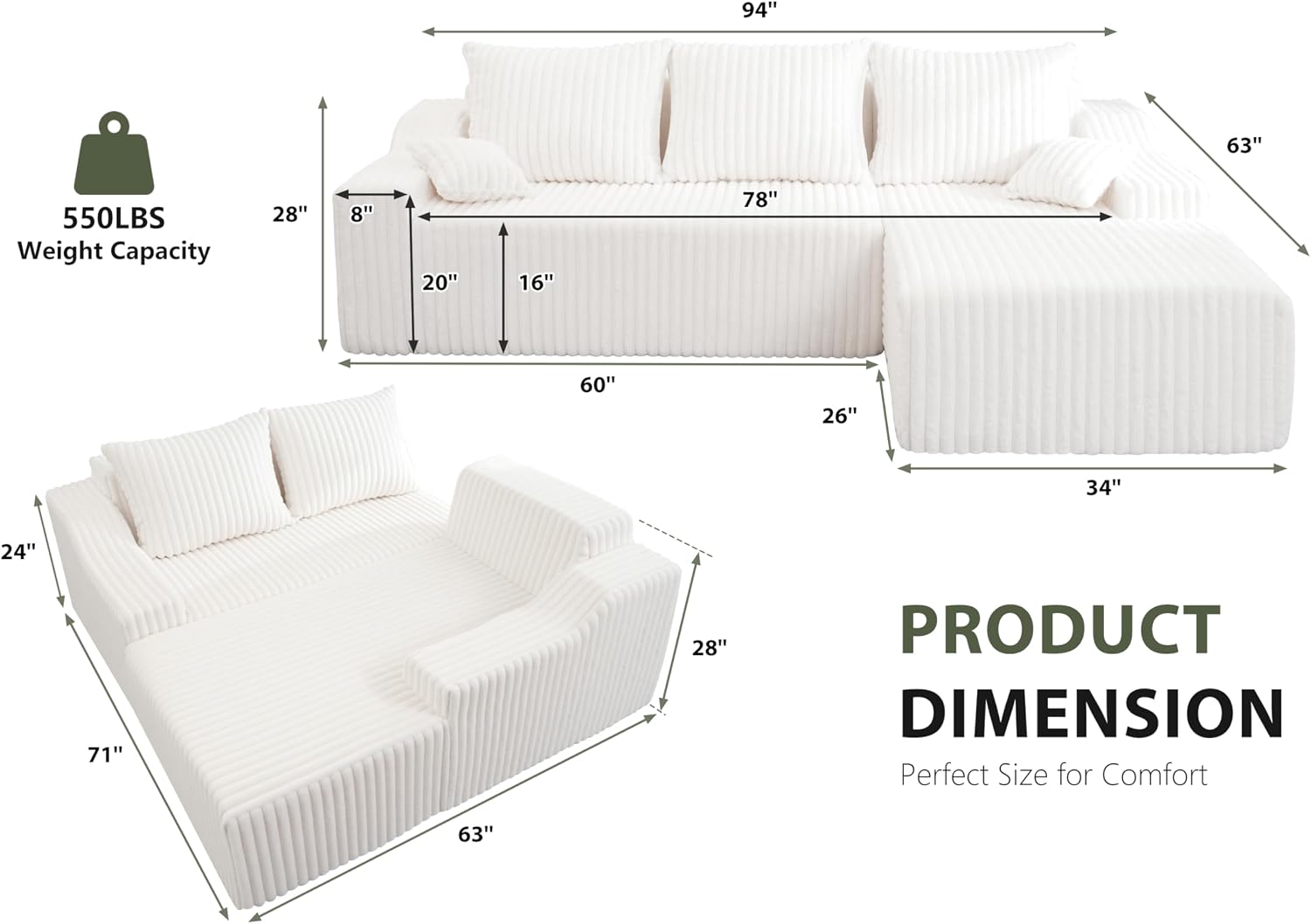 HABUTWAY 94'' Cloud Sectional Couch, Boneless Sofa with Deep Seat, Modular Comfy L-Shape Couch with Chaise for Living Room Bedroom, No Assembly Required(Beige,Right Facing Chaise)