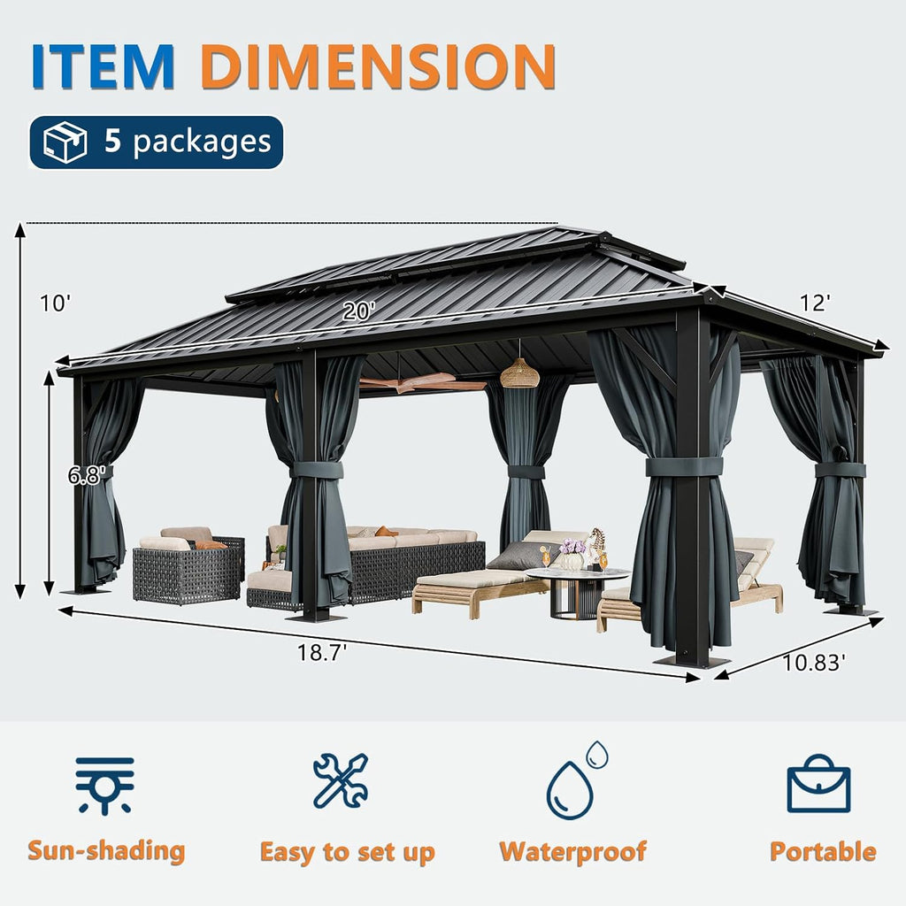 HOTEEL 12x20 Hardtop Gazebo on Clearance with Metal Roof, Heavy Duty Galvanized Steel Patio Hard Top Gazebos, Outdoor Permanent Screened in Gazebo with Curtains, for All-Weather, Backyarad, Black(Pro)
