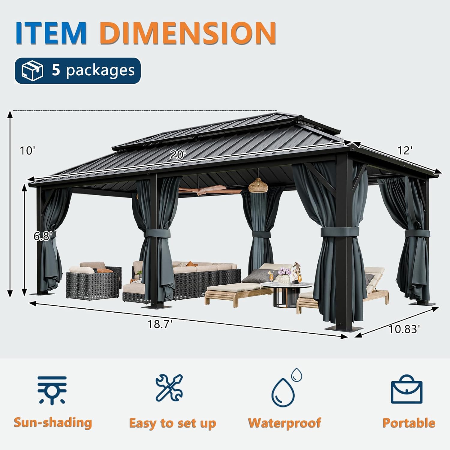 HOTEEL 12x20 Hardtop Gazebo on Clearance with Metal Roof, Heavy Duty Galvanized Steel Patio Hard Top Gazebos, Outdoor Permanent Screened in Gazebo with Curtains, for All-Weather, Backyarad, Black(Pro)