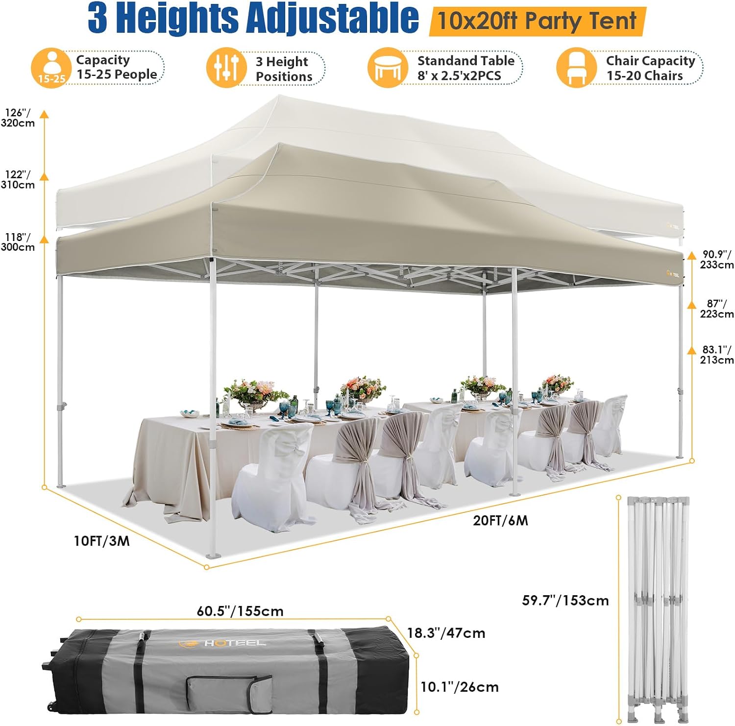 HOTEEL 10x20 Pop up Canopy Tent for Parties, Heavy Duty Easy Setup Tent with 6 Sidewalls, Outdoor Commercial Instant Gazebo for Wedding Event, with Roller Bag & Sand Bags, Khaki(Hexagonal Frame)