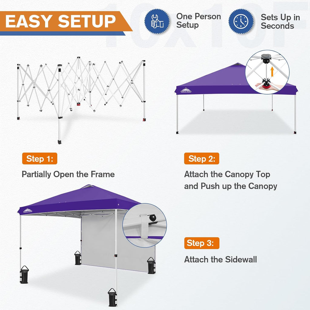 EAGLE PEAK Commercial Canopy 10x10 Pop Up Canopy Tent with 1 Sidewall, Easy Setup Heavy Duty Instant Event Shelter for Vendors & Markets, Outdoor Sun Shade, Purple