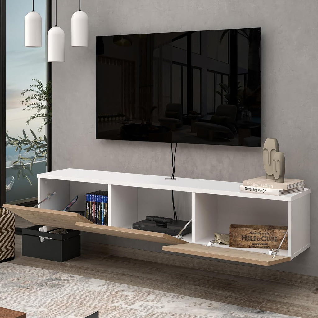 Atelier Mobili Oak TV Console, Wall Mounted TV Stand for Up to 75 Inch TV, Entertainment Center with Floating Shelf