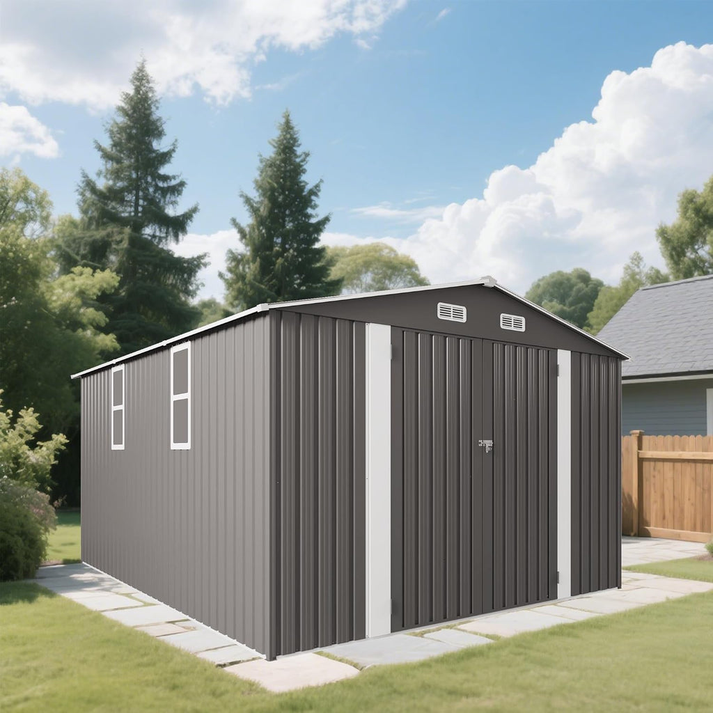 10x12 FT Outdoor Metal Storage Shed, Large Garden Tool Organizer with Double Doors and Two Windows, Waterproof Walk-in Backyard Storage Shed for Lawn, Patio, Poolside, Gray