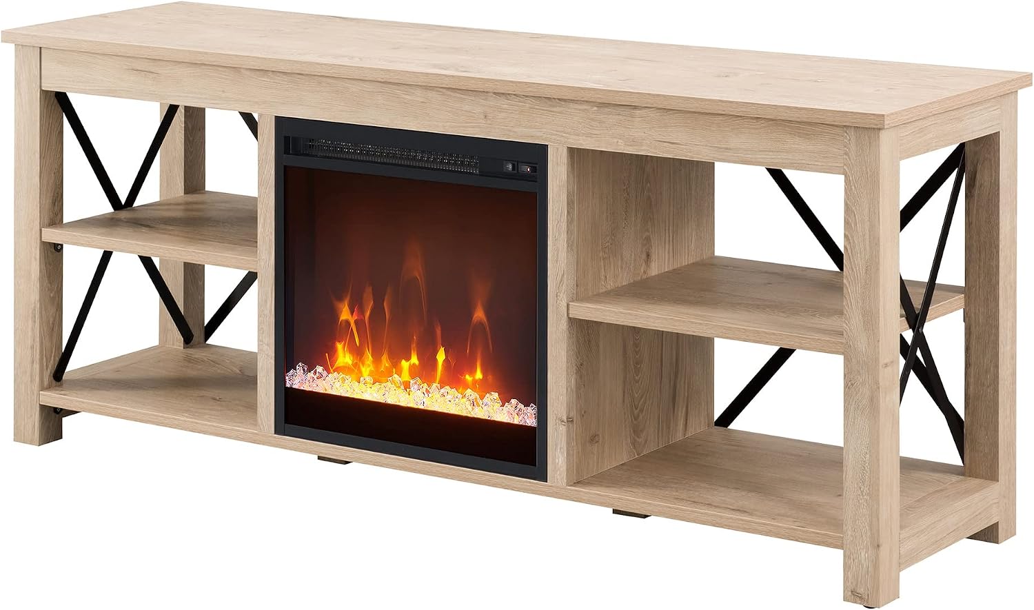 Henn&Hart Rectangular TV Stand with Crystal Fireplace for TV's up to 65' in White Oak, Electric Fireplace TV Stands for the Living Room