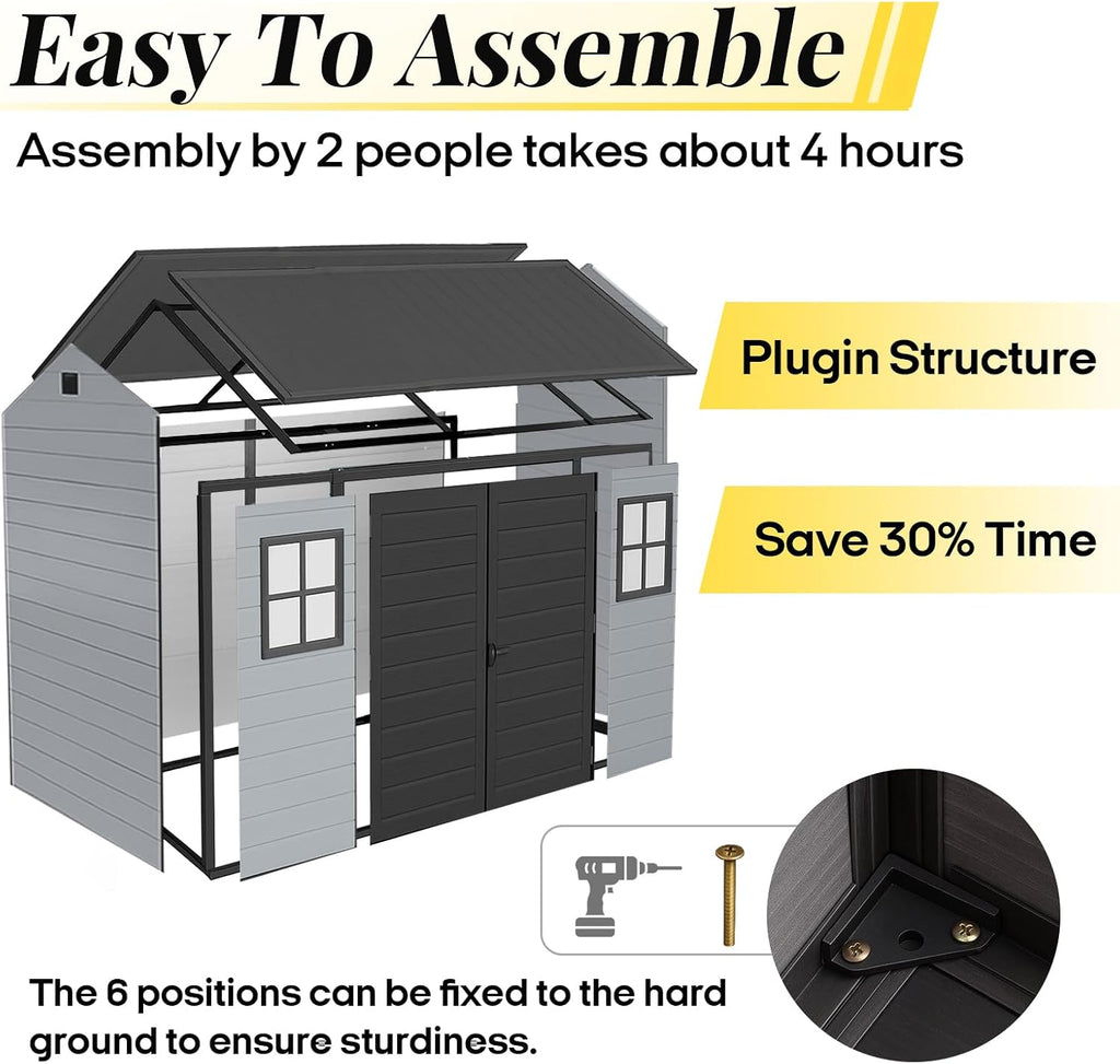 8x4ft Resin Outdoor Storage Shed with Floor and 2 Windows, Plastic Sheds & Outdoor Storage Clearance for GardenTools, Patio Furniture, Bike Accessories and Lawn Mower, Black+Grey