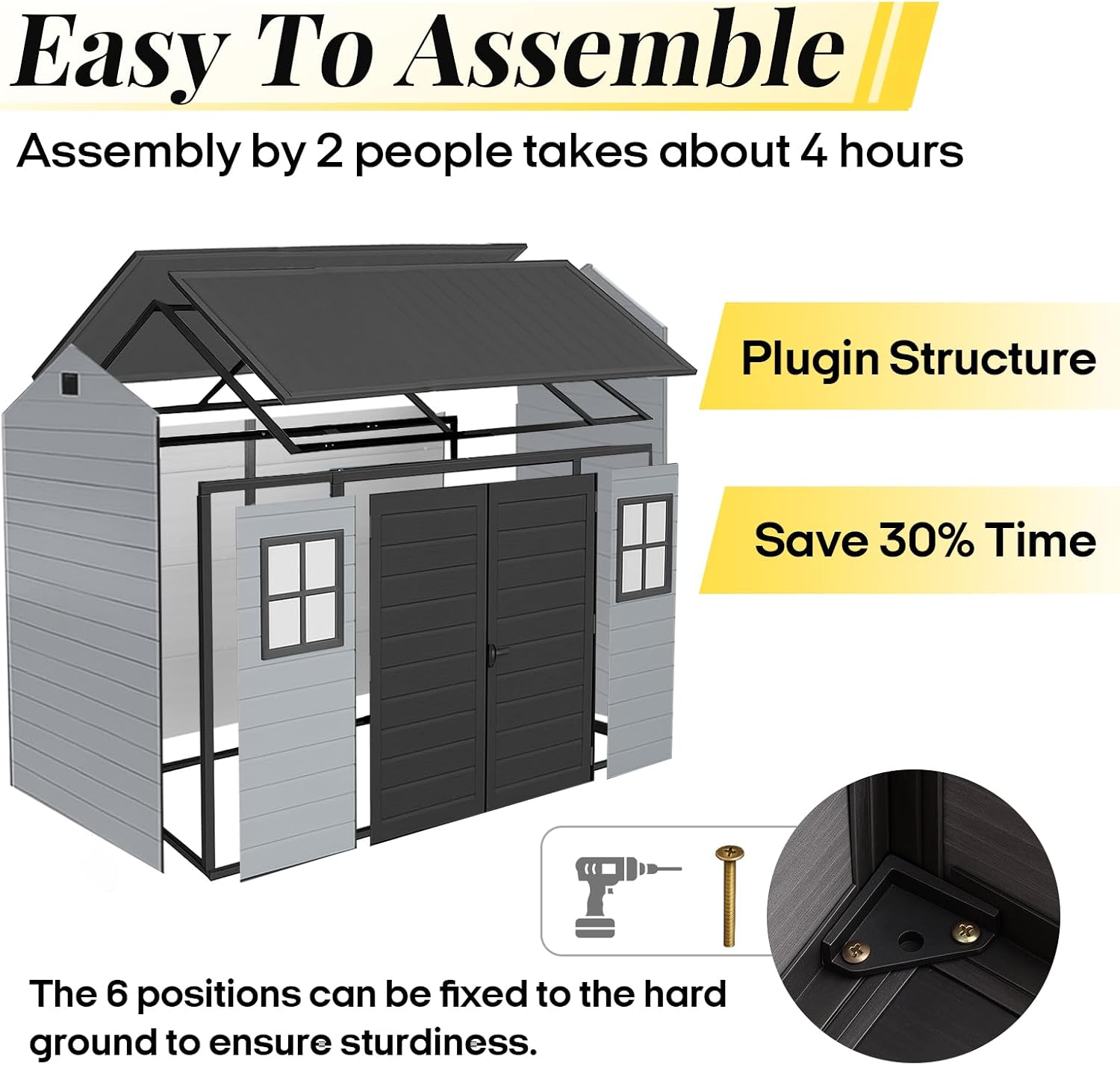 8x4ft Resin Outdoor Storage Shed with Floor and 2 Windows, Plastic Sheds & Outdoor Storage Clearance for GardenTools, Patio Furniture, Bike Accessories and Lawn Mower, Black+Grey